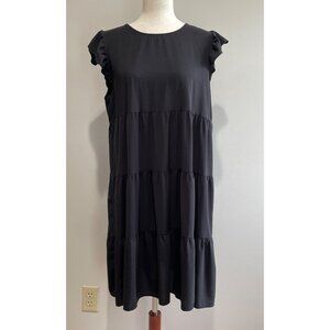 Kirundo Flutter Sleeve Tiered Shift Dress Womens L Black Sleeveless Flowy